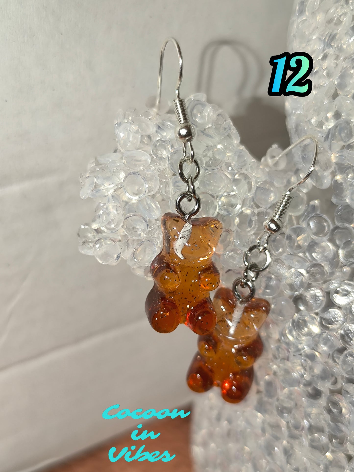 Boucles d’oreilles Nounours Gélifiés – N°12 Marron Clair → Marron Foncé Pailleté (Création artisanale Cocoon In Vibes)