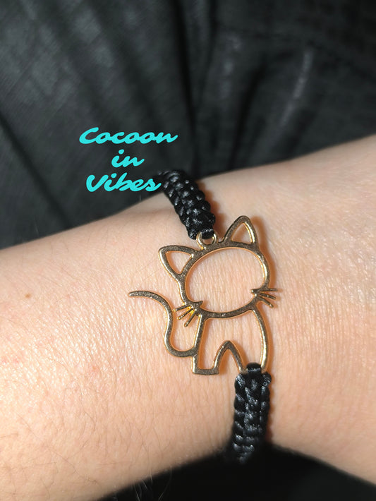 🖤 Bracelet Chat personnalisable – Création artisanale faite main en Macramé plat