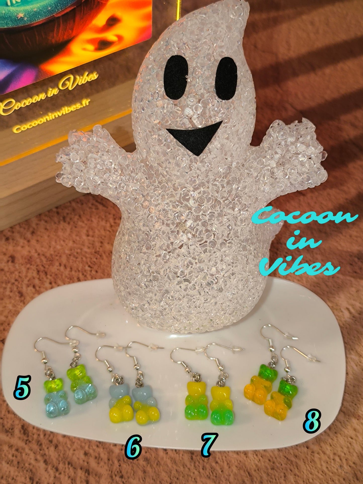 Boucles d’oreilles Nounours Gélifiés – N°7 Jaune → Vert Opaque Pailletée (Création artisanale Cocoon In Vibes)