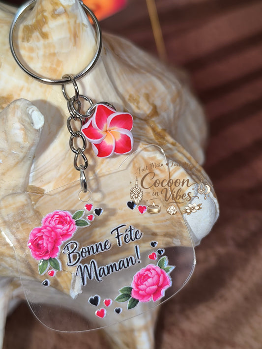 Porte-clé tête de chat transparent “Fête des Mères – Doux Messages – Bonne fête maman” – Motif floral – Fleur décorative – Modèle unique