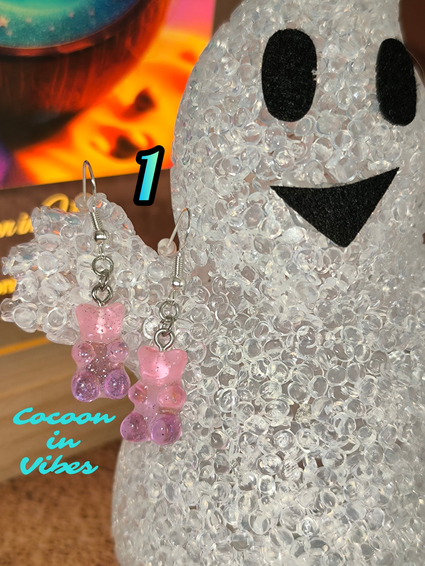 Boucles d’oreilles Nounours Gélifiés – N°1 Rose → Parme Translucide Pailleté (Création artisanale Cocoon In Vibes)