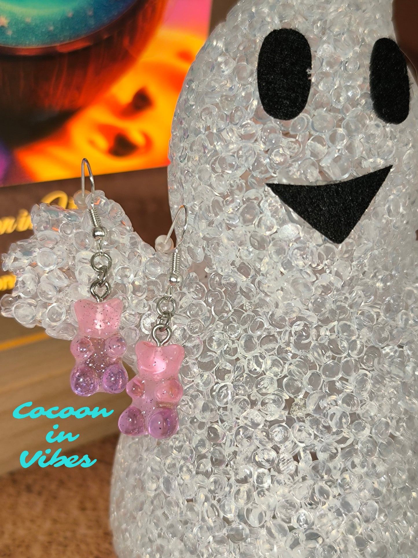 Boucles d’oreilles Nounours Gélifiés – N°1 Rose → Parme Translucide Pailleté (Création artisanale Cocoon In Vibes)