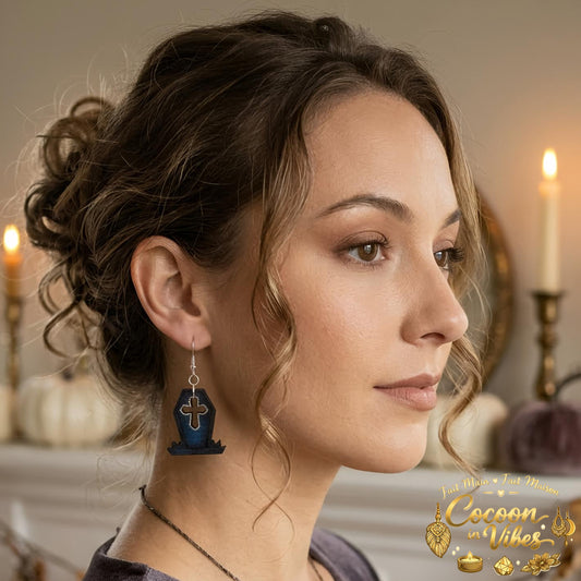 Boucles d'oreilles Artisanales en Bois « Cercueil Gothique » - Collection Éphémère Halloween