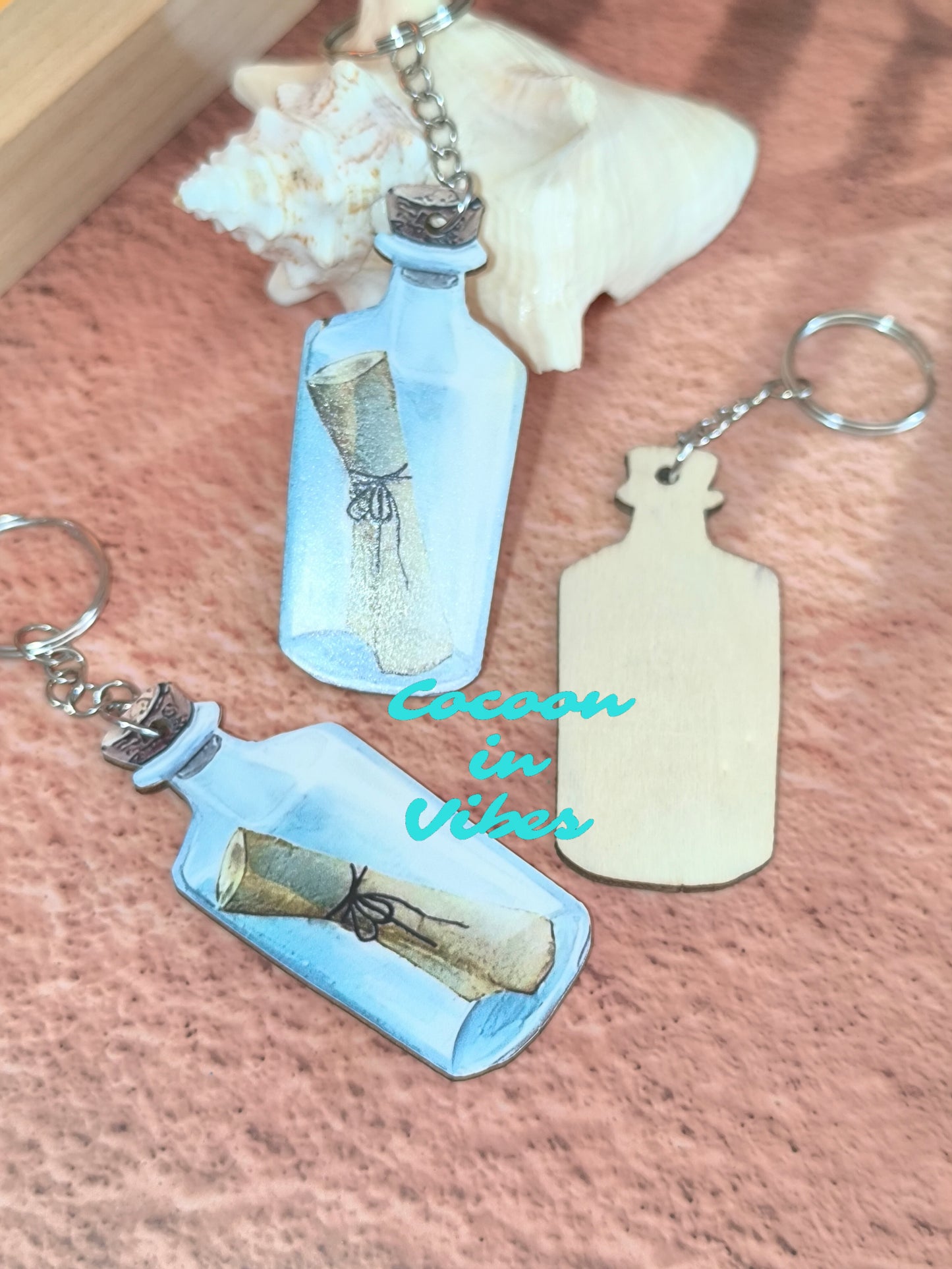 Porte-clé artisanal création Cocoon in Vibes – Bouteille à la mer “Message in a bottle”