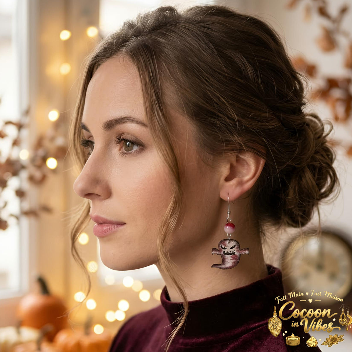 Boucles d'oreilles Artisanales en Bois « Fantôme Ensanglanté »