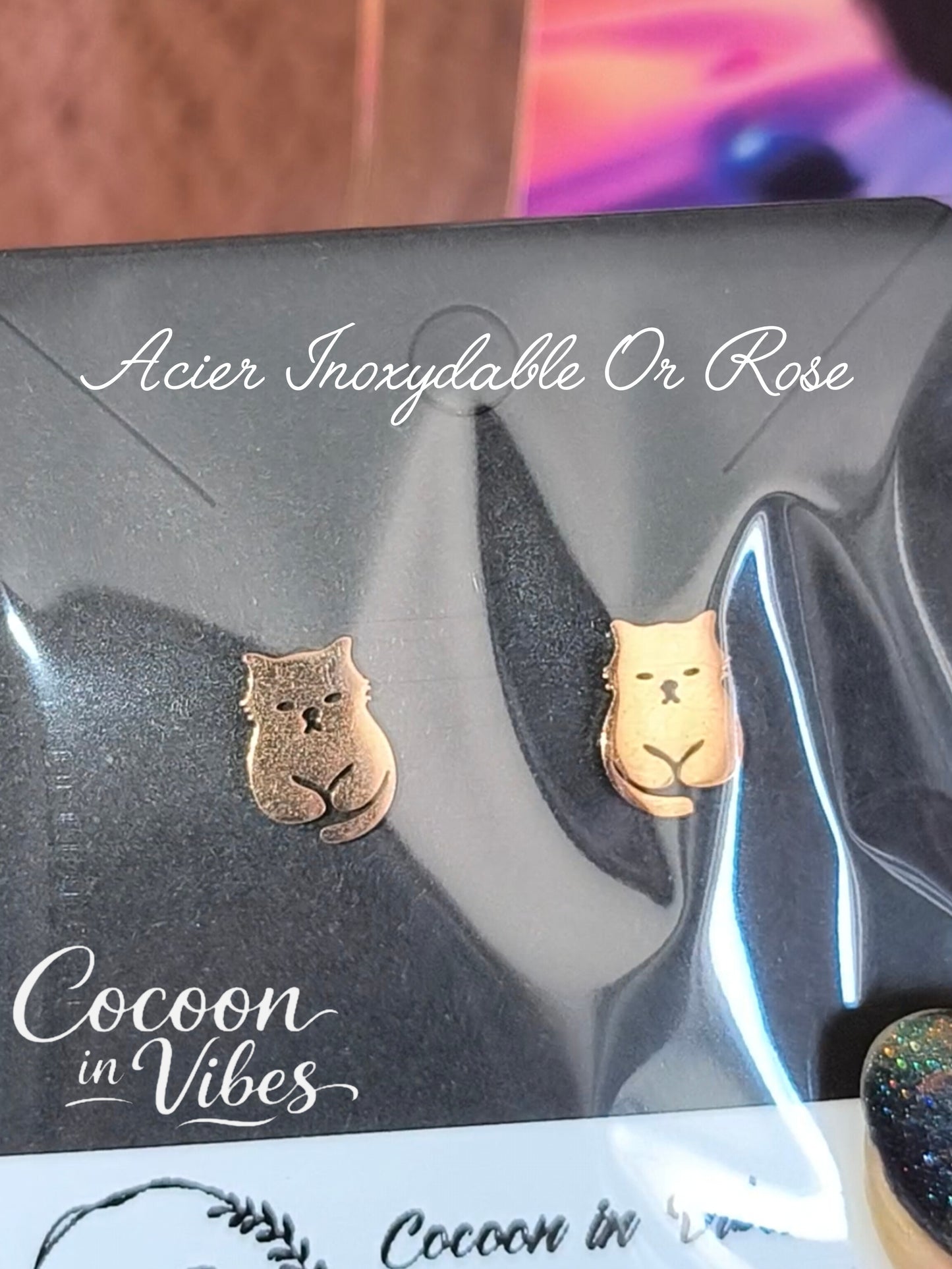 Clous d’oreilles chat Pepere – Acier Inoxydable Or Rose