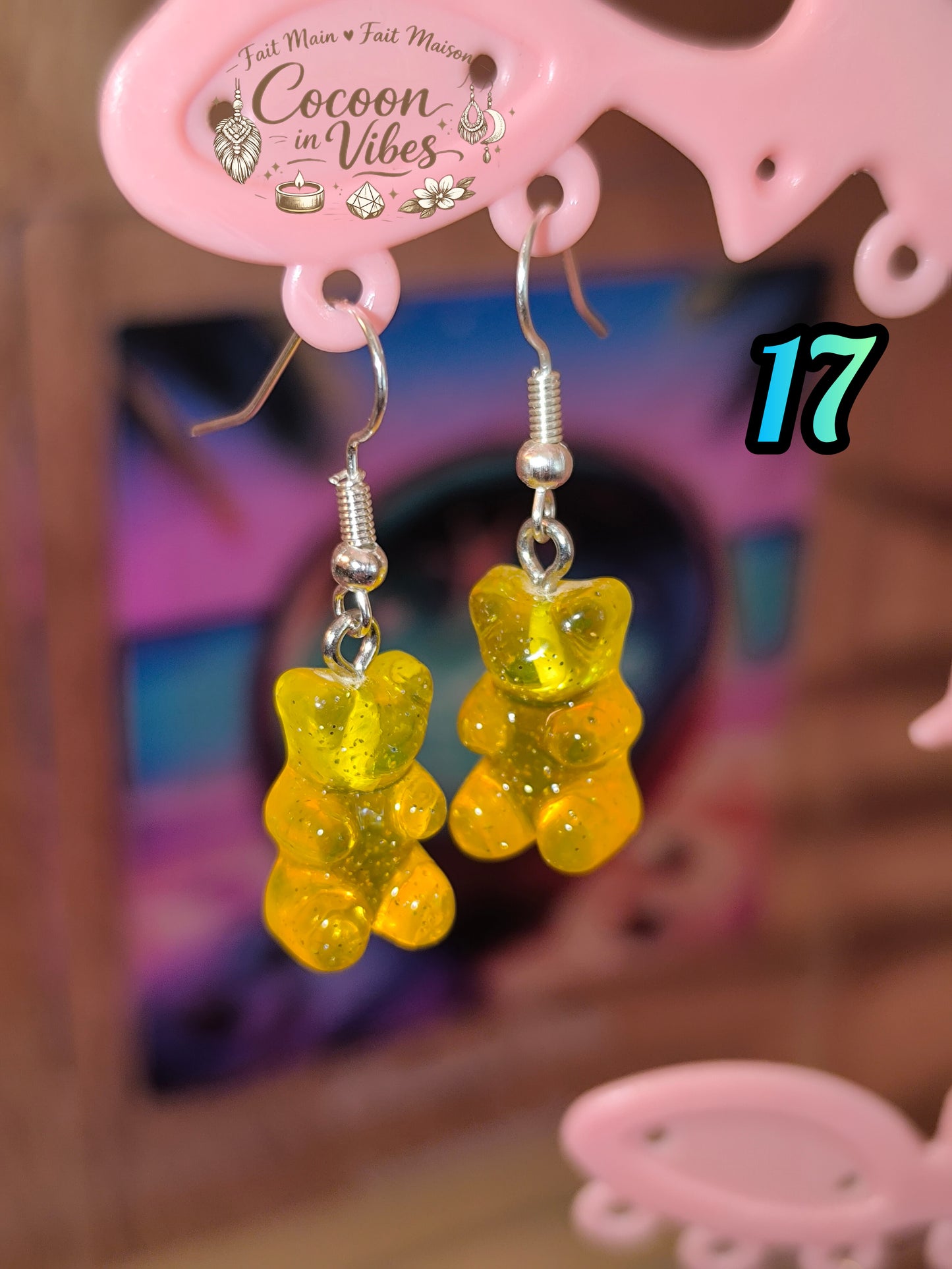 Boucles d’oreilles Nounours n°17 Fait Main – Jaune & Orange (Translucides & Pailletées)