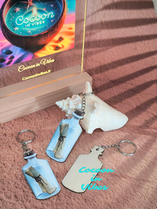 Porte-clé artisanal création Cocoon in Vibes – Bouteille à la mer “Message in a bottle”