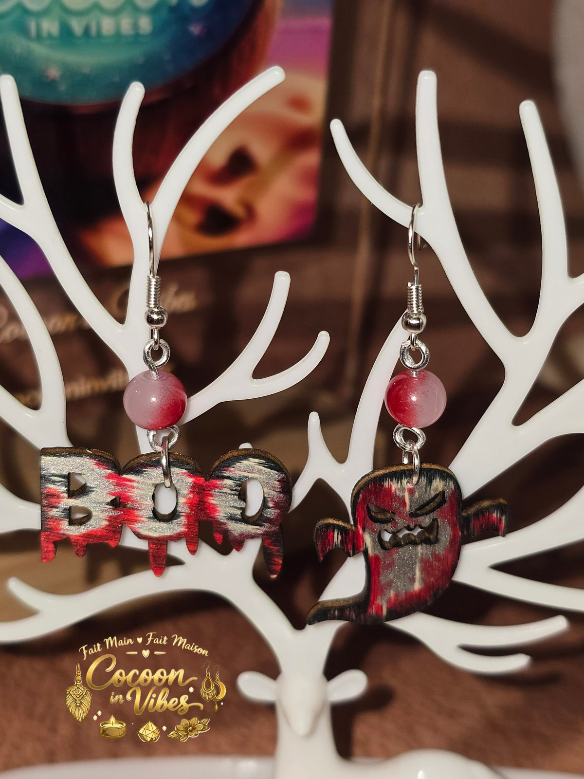 Boucles d'oreilles Artisanales en Bois « Mix Duo BOO & Fantôme » - Collection Éphémère Halloween