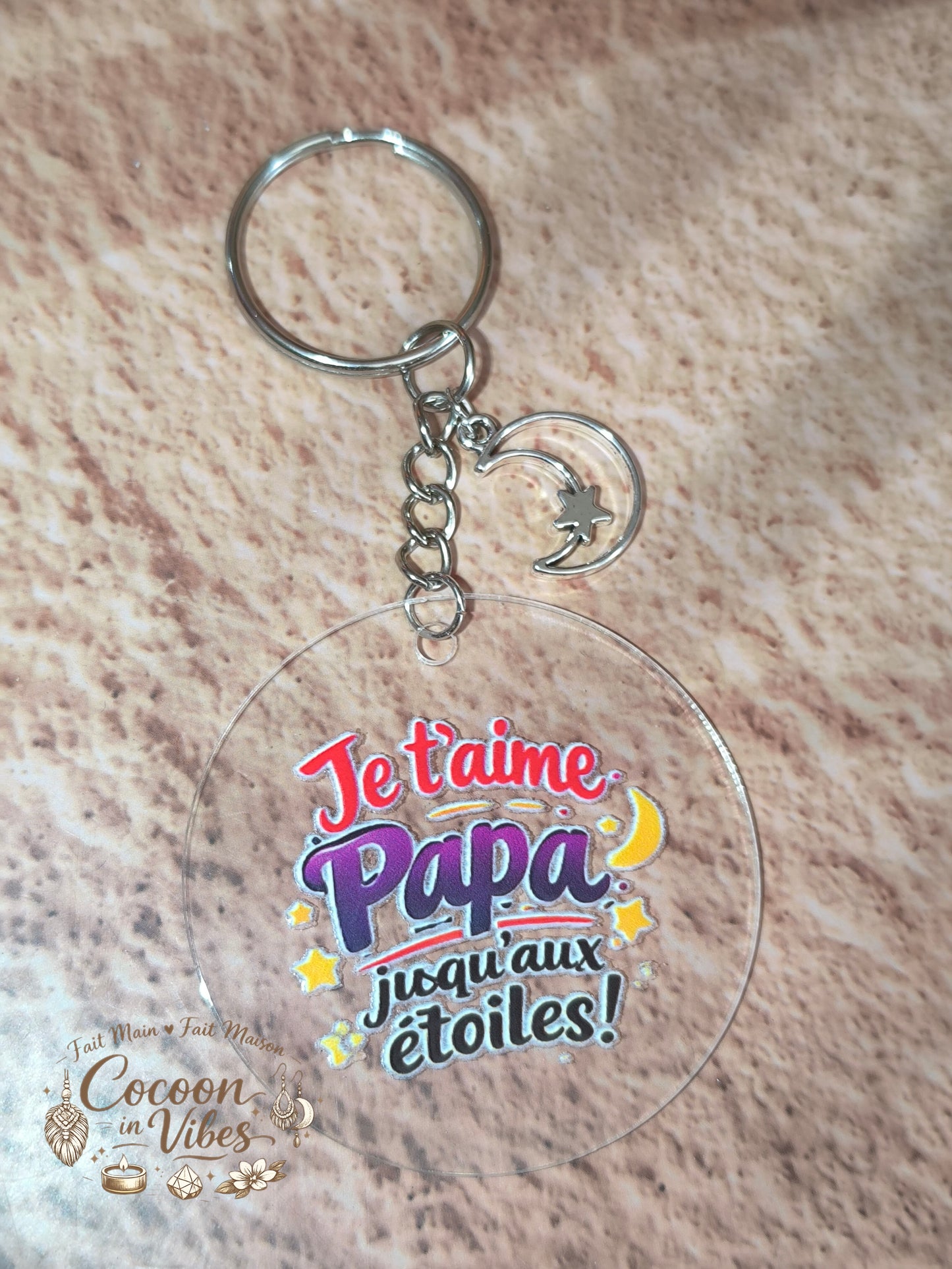 Porte-clé “Je t'aime Papa jusqu'aux étoiles !” – Modèle unique fait main