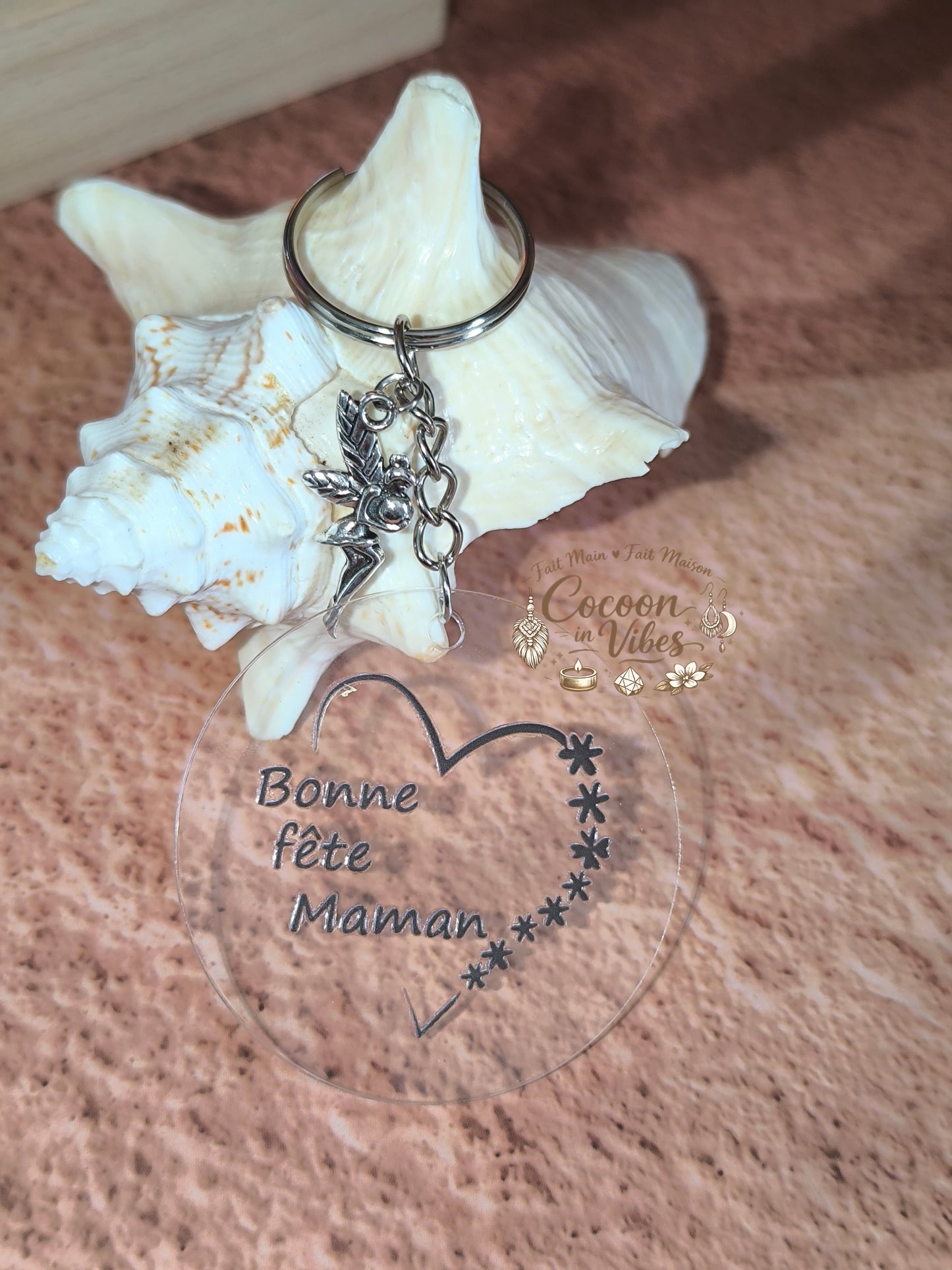 Porte-clé rond transparent “Fête des Mères – Doux Messages – Bonne fête Maman” – Pendentif Fée – Création fait main et modèle unique