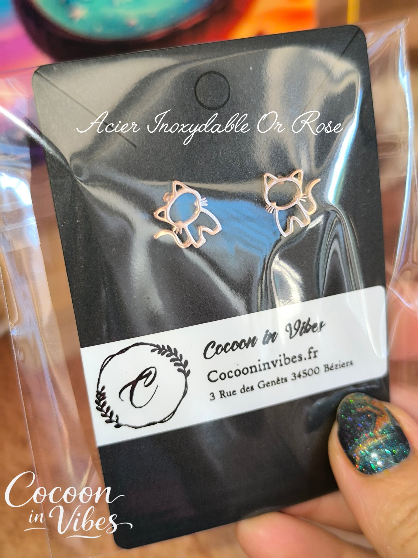 Clous d’oreilles chat Ajouré – Acier Inoxydable Or Rose