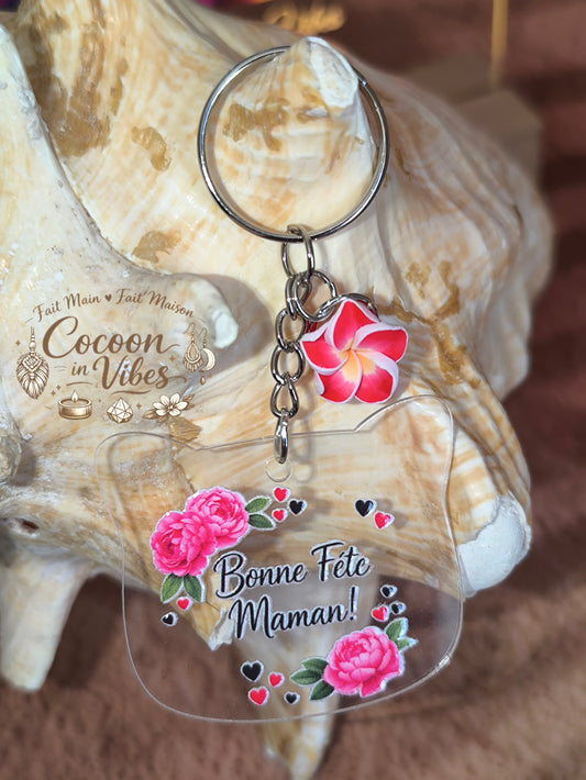 Porte-clé tête de chat transparent “Fête des Mères – Doux Messages – Bonne fête maman” – Motif floral – Fleur décorative – Modèle unique