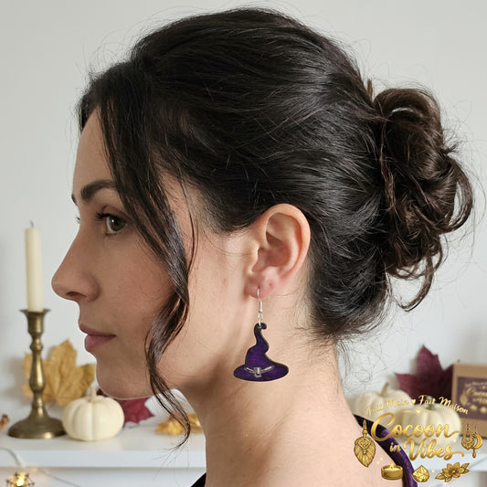 Boucles d'oreilles Artisanales en Bois « Chapeau Envoûtant » - Collection Éphémère Halloween