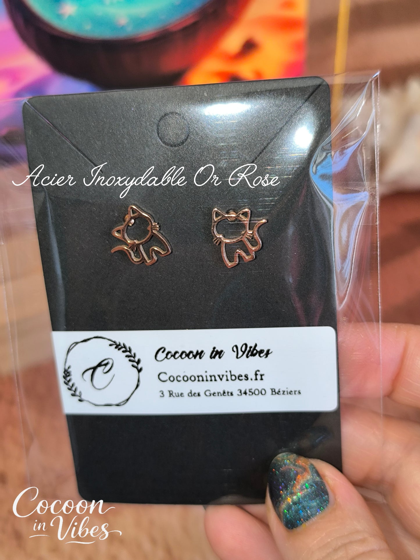 Clous d’oreilles chat Ajouré – Acier Inoxydable Or Rose