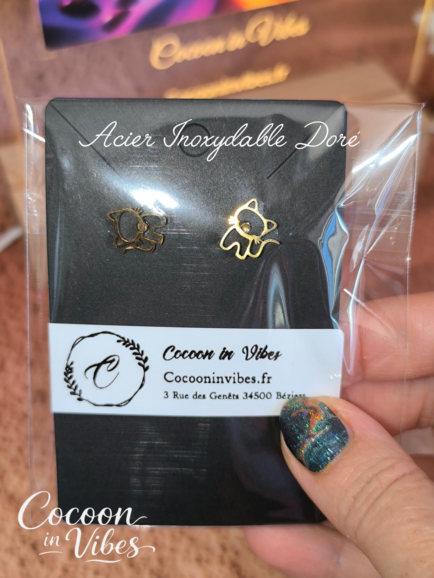 Clous d’oreilles chat Ajouré – Acier Inoxydable Doré