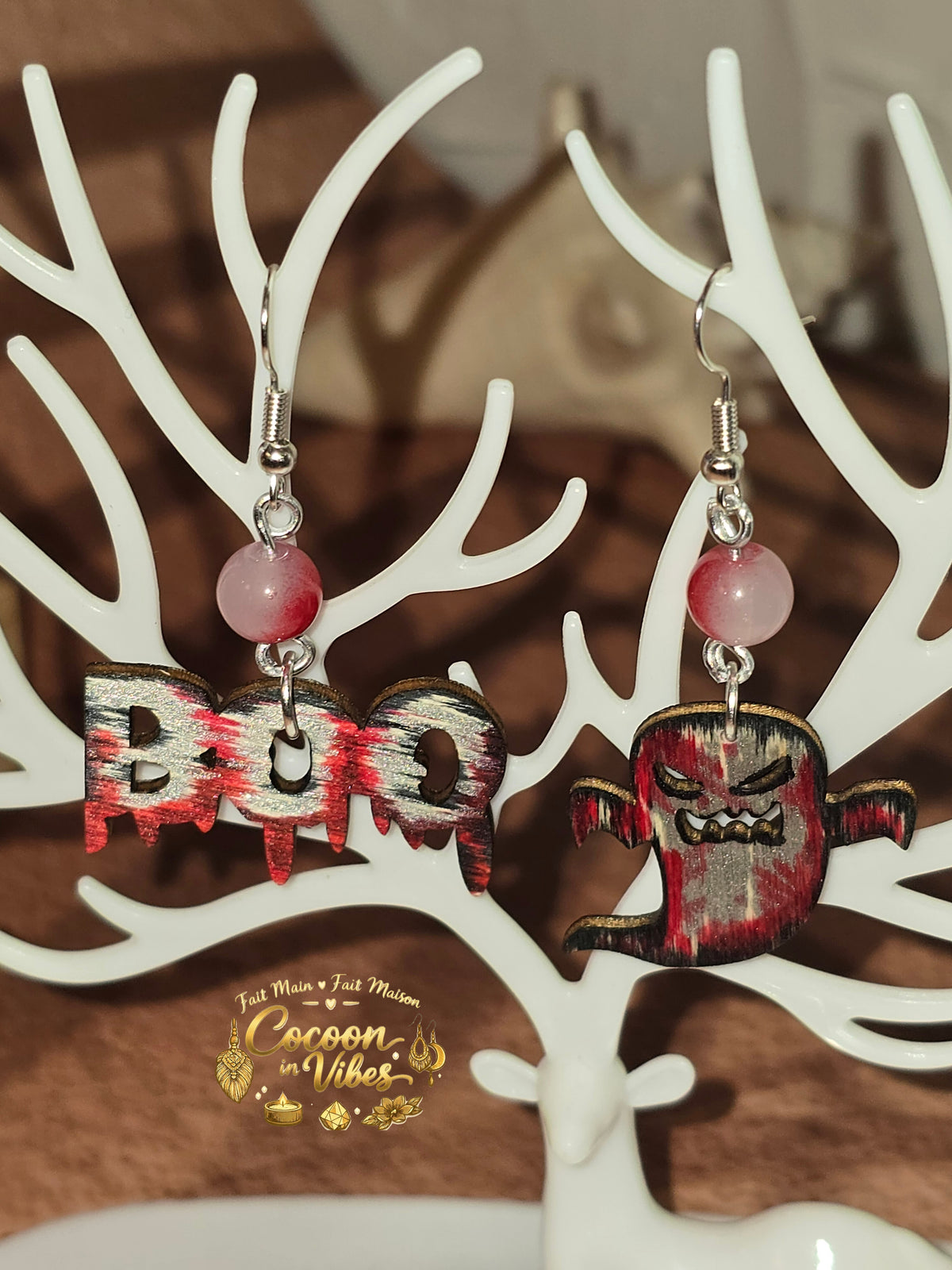 Boucles d'oreilles Artisanales en Bois « Mix Duo BOO & Fantôme » - Collection Éphémère Halloween