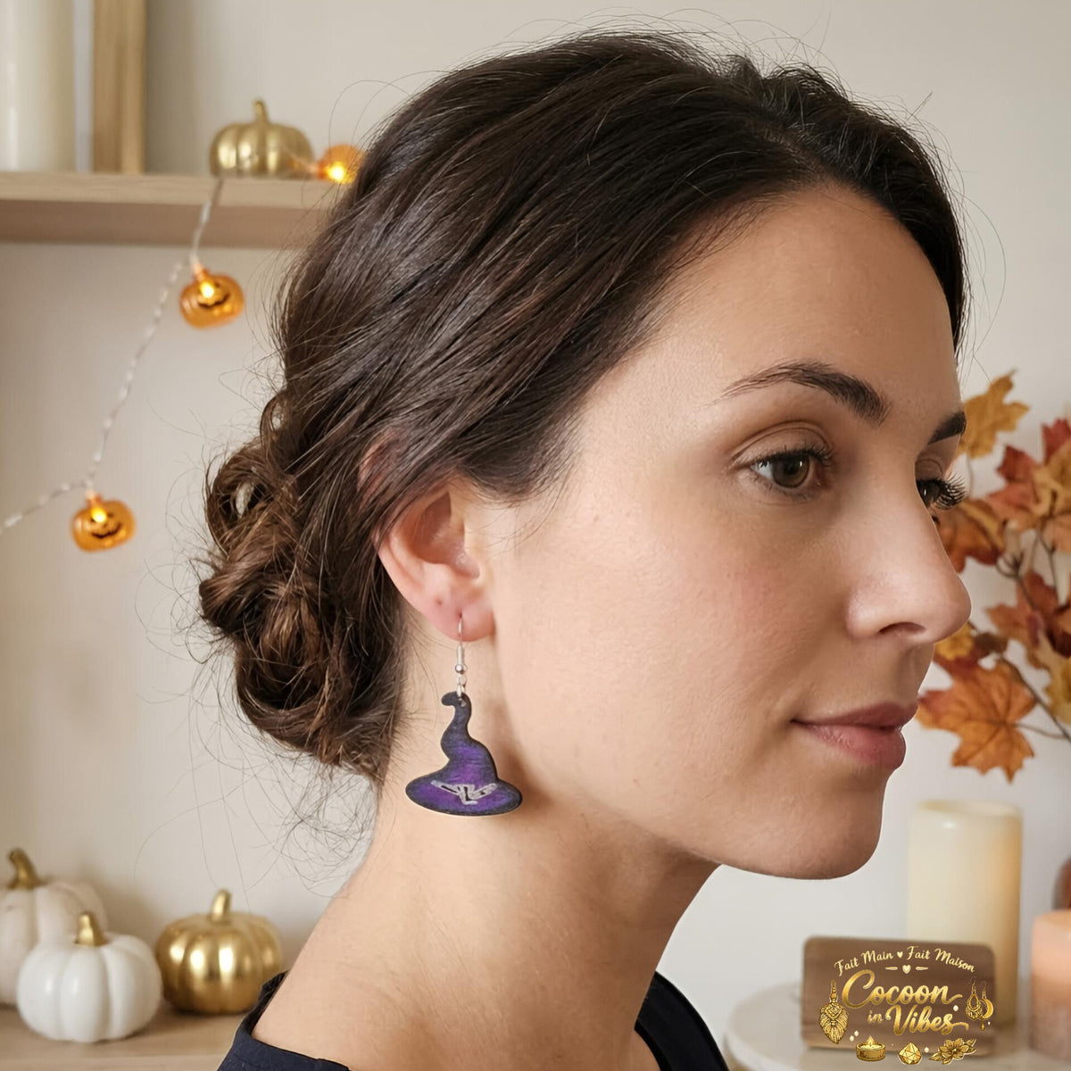 Boucles d'oreilles Artisanales en Bois « Chapeau Envoûtant » - Collection Éphémère Halloween