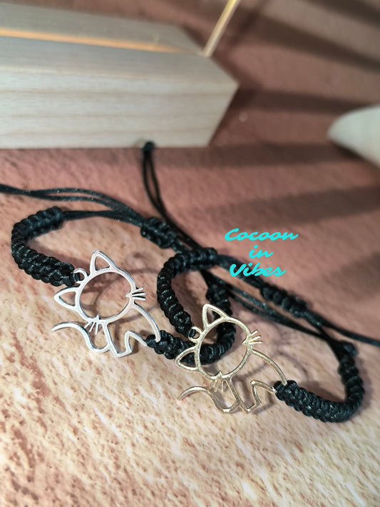 🖤 Bracelet Chat personnalisable – Création artisanale faite main en Macramé plat