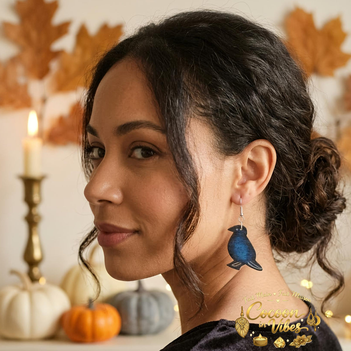 Boucles d'oreilles Artisanales en Bois « Corbeau de la Nuit » - Collection Éphémère Halloween