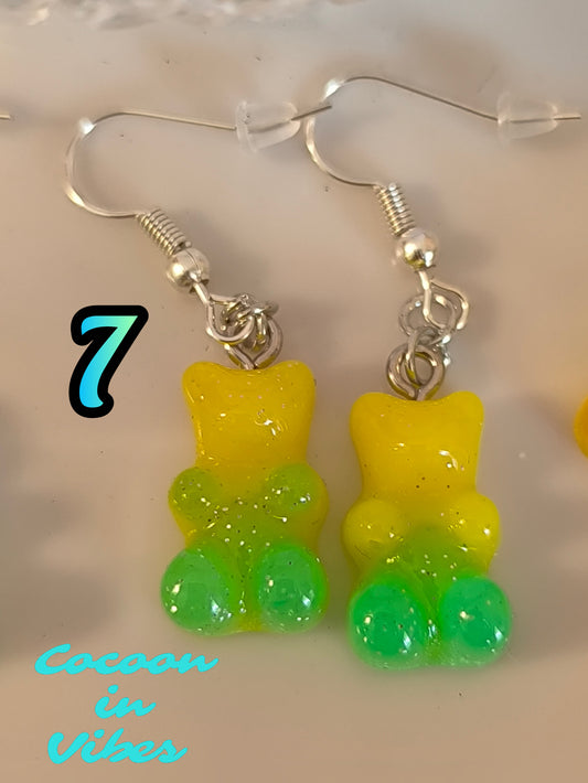 Boucles d’oreilles Nounours Gélifiés – N°7 Jaune → Vert Opaque Pailletée (Création artisanale Cocoon In Vibes)