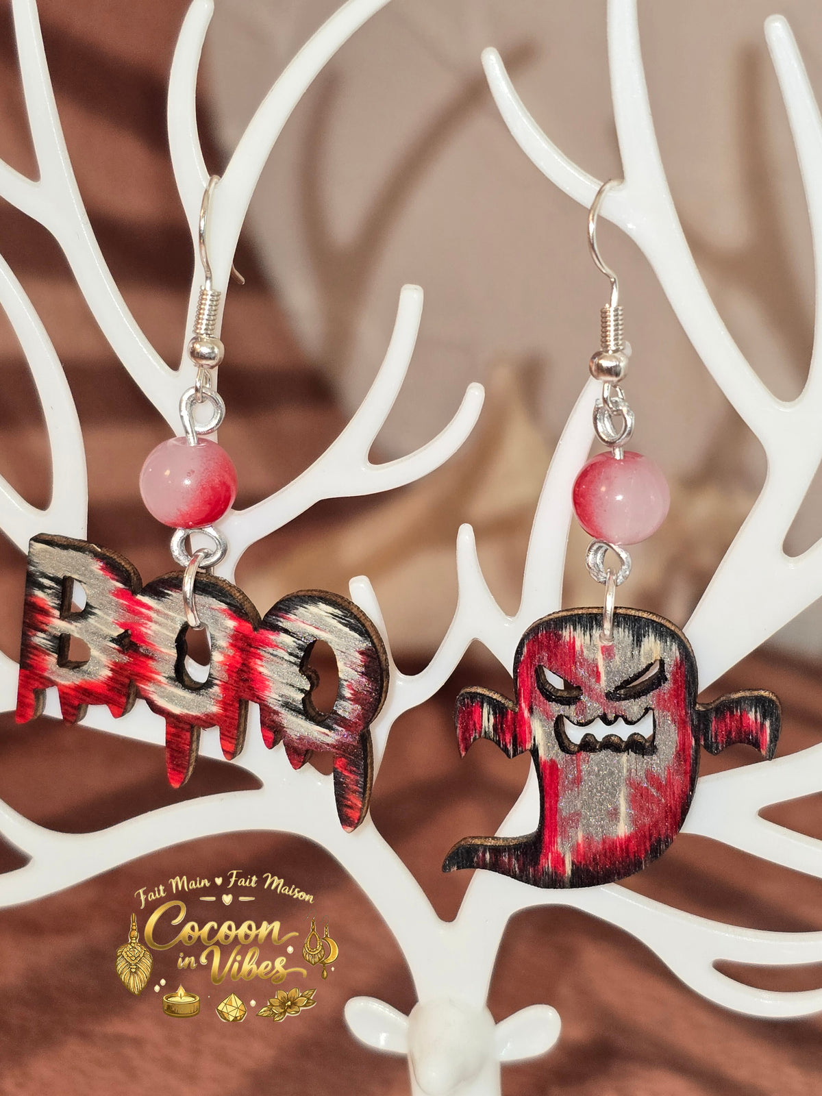 Boucles d'oreilles Artisanales en Bois « Mix Duo BOO & Fantôme » - Collection Éphémère Halloween