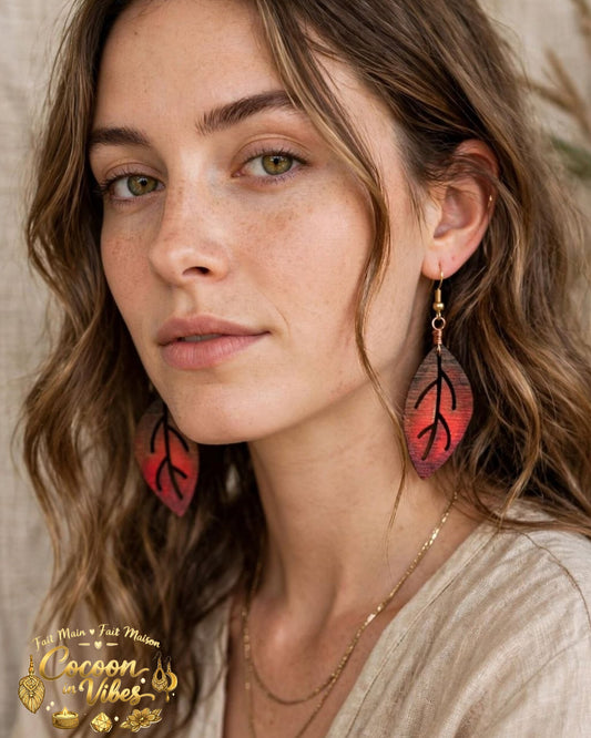 Boucles d'oreilles Artisanales en Bois « Feuille de Châtaignier Automnale »