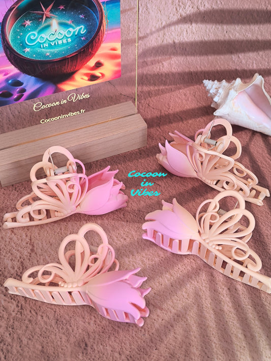 Grande pince à cheveux Papillon Tulipe – Dégradé rose saumon & jaune pâle (11cmx5cm)