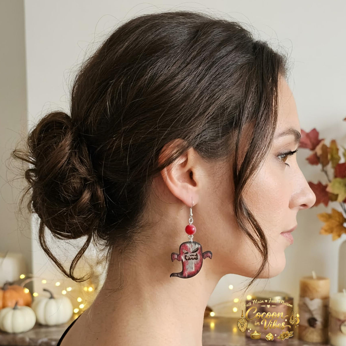 Boucles d'oreilles Artisanales en Bois « Fantôme Ensanglanté »