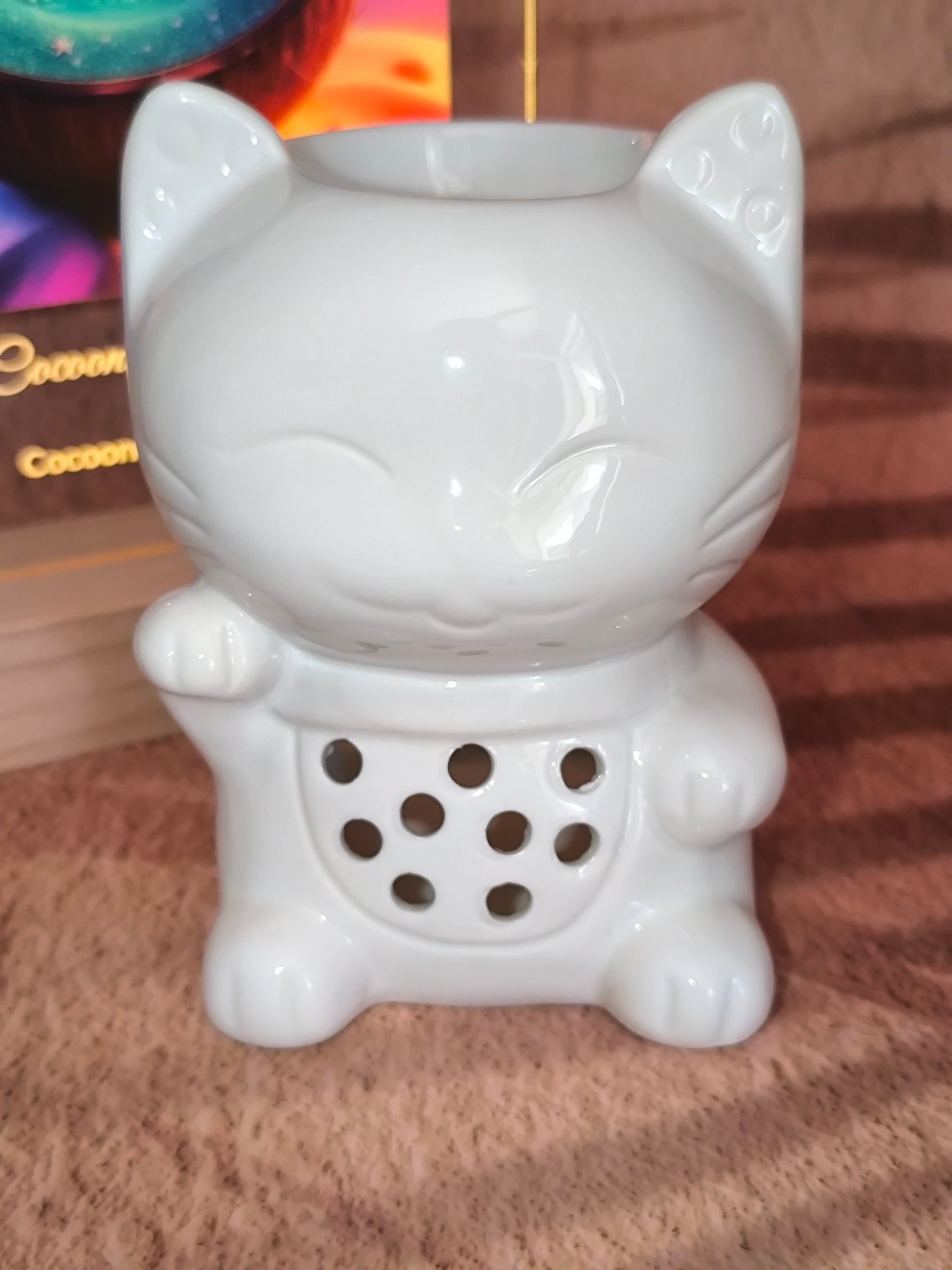 Brûleur en Céramique Blanc - Chat Porte-Bonheur