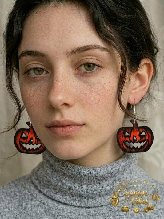 Boucles d'oreilles Artisanales en Bois « Citrouille Ténébreuse » - Collection Éphémère Halloween