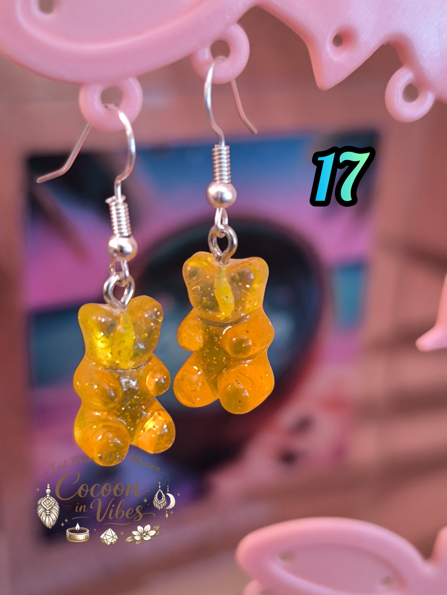 Boucles d’oreilles Nounours n°17 Fait Main – Jaune & Orange (Translucides & Pailletées)