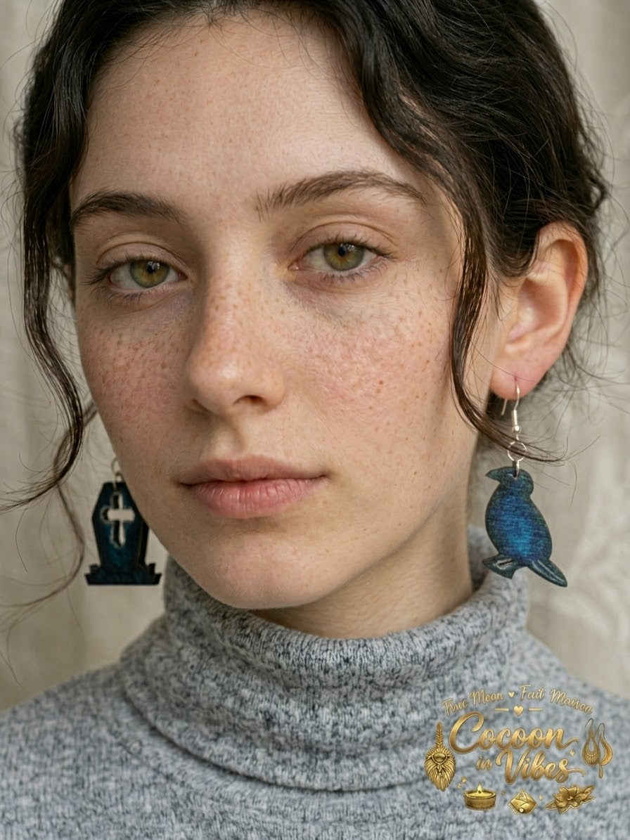 Boucles d'oreilles Artisanales en Bois « Mix Duo Corbeau & Cercueil Gothique » - Collection Éphémère Halloween