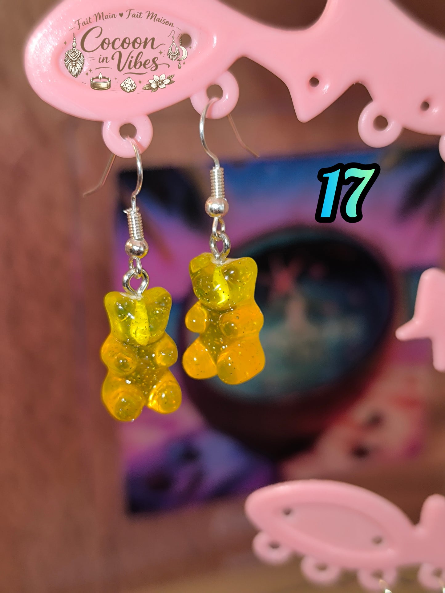Boucles d’oreilles Nounours n°17 Fait Main – Jaune & Orange (Translucides & Pailletées)