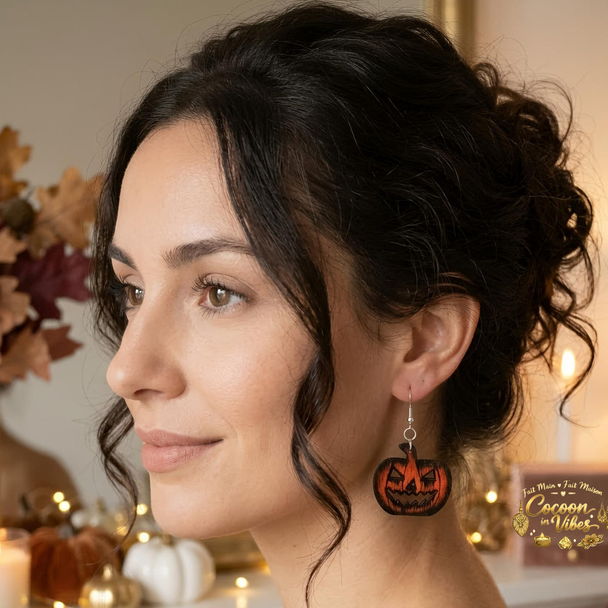 Boucles d'oreilles Artisanales en Bois « Citrouille Ténébreuse » - Collection Éphémère Halloween