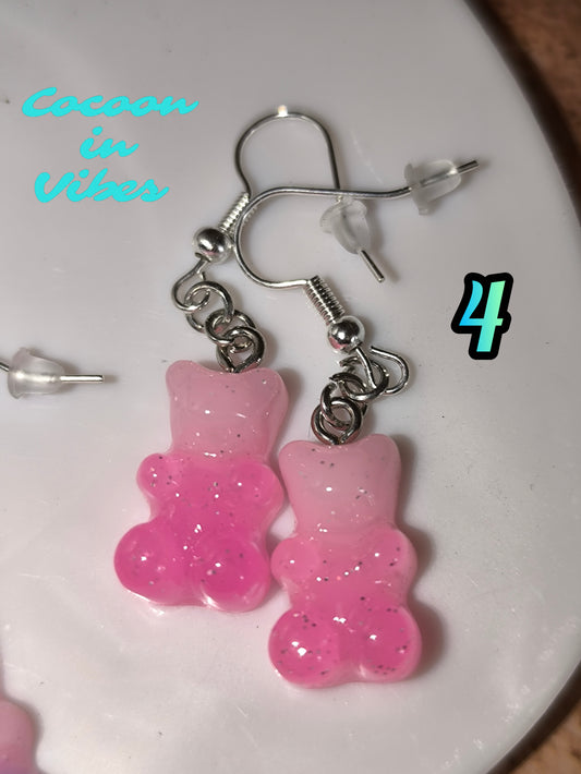 Boucles d’oreilles Nounours Gélifiés – N°4 Rose Claire → Rose Soutenu Opaque Pailletée (Création artisanale Cocoon In Vibes)