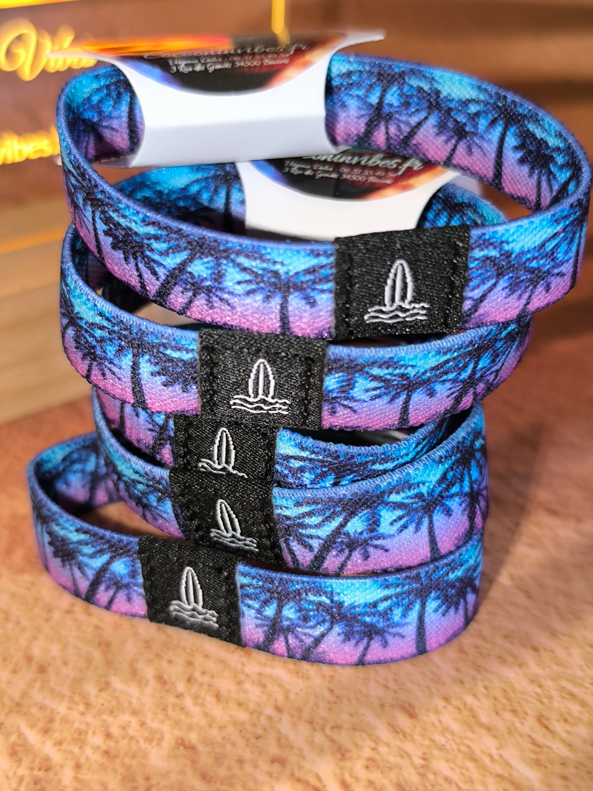 Bracelet de Plage Surfeur – Élastique Réversible Palmiers Sunset
