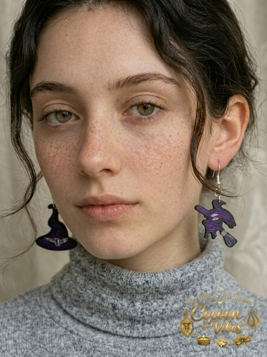 Boucles d'oreilles Artisanales en Bois « Mix Duo Sorcière & Chapeau Envoûtant » - Collection Éphémère Halloween