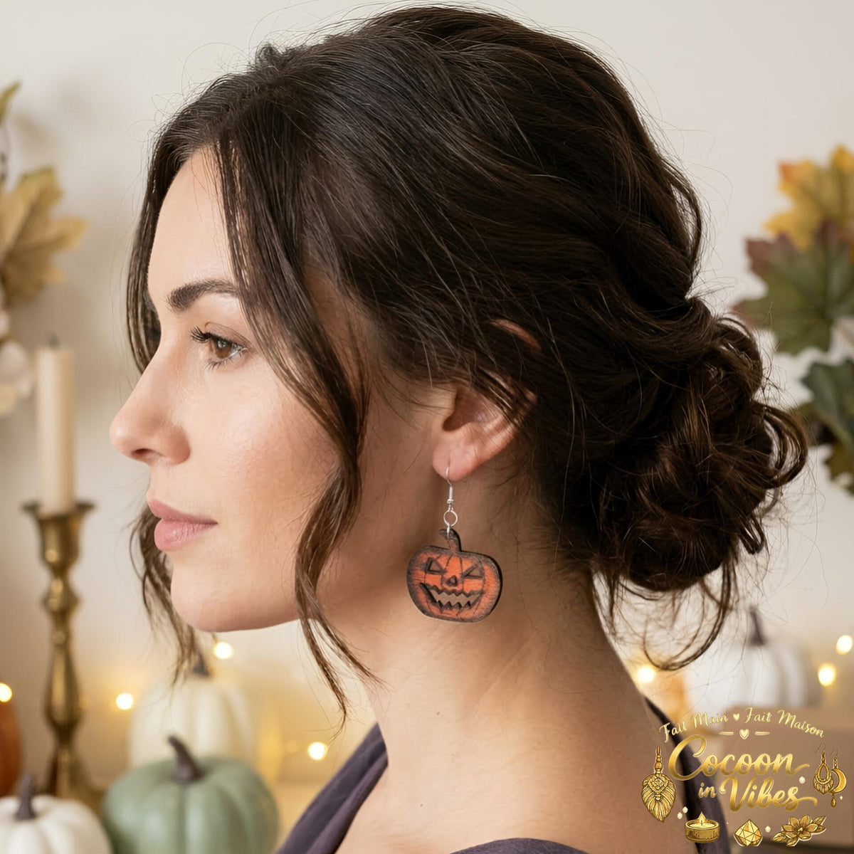 Boucles d'oreilles Artisanales en Bois « Citrouille Flamboyante » - Collection Éphémère Halloween