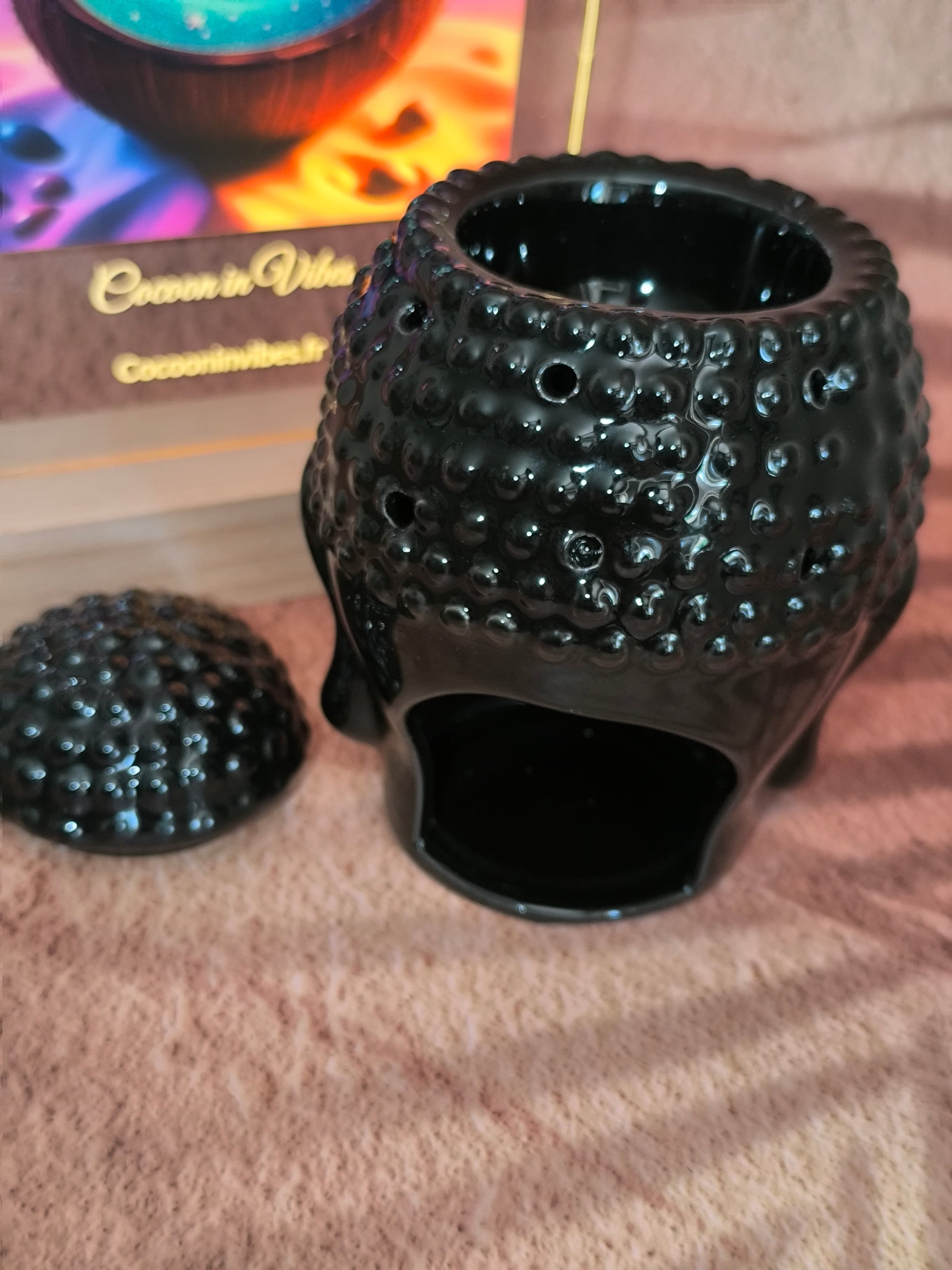 Brûleur en Céramique – Tête de Bouddha Dhyana Noir