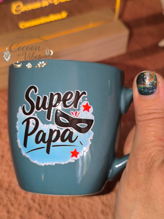 Tasse "Fête des Pères" Bleu Canard – SUPER PAPA – Pièce unique, création artisanale Cocoon in Vibes