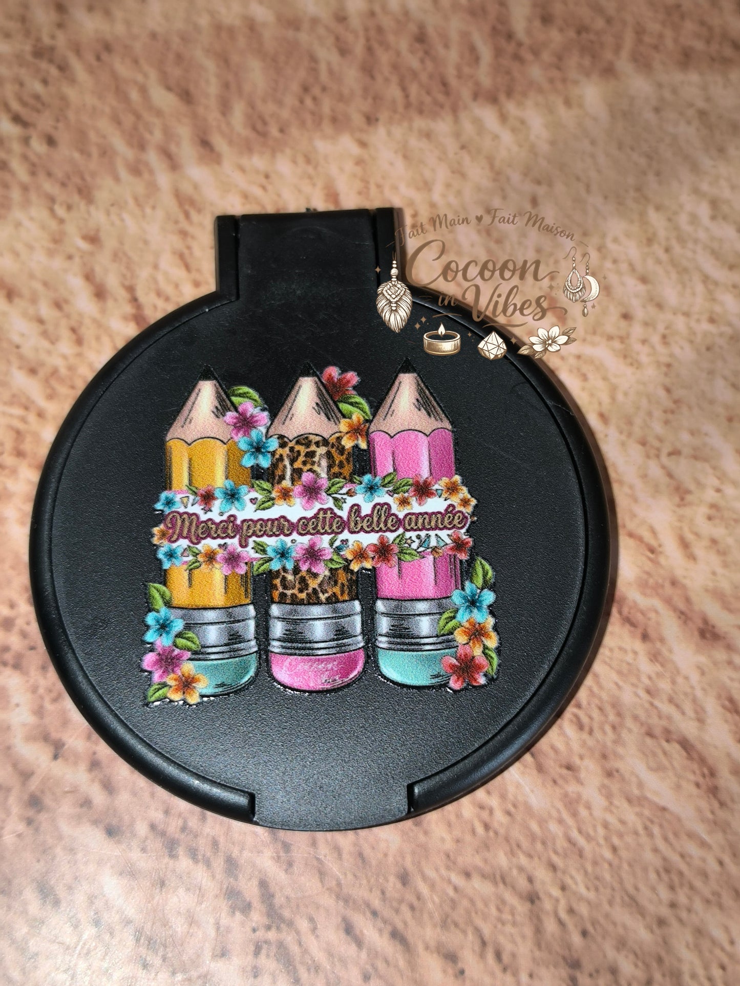 Miroir de poche noir mat “Remerciements – Mots Précieux – Merci pour cette belle année” – Modèle unique