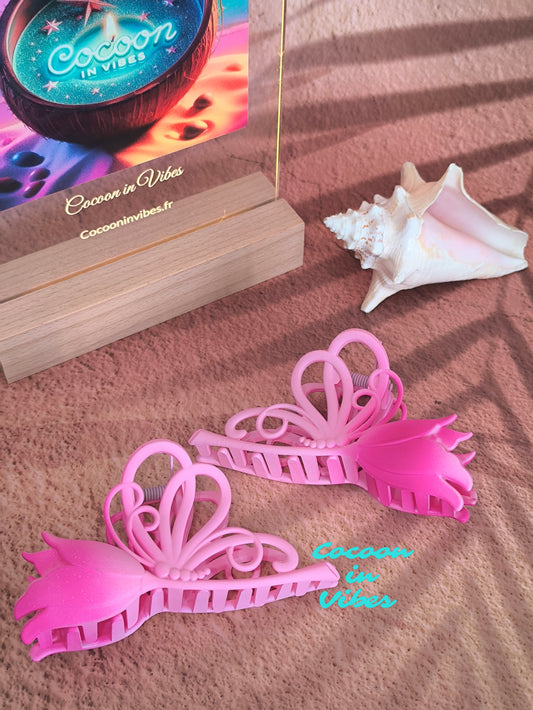 Grande pince à cheveux Papillon Tulipe – Dégradé rose fuchsia & rose pastel (11 cm x 5,5 cm)