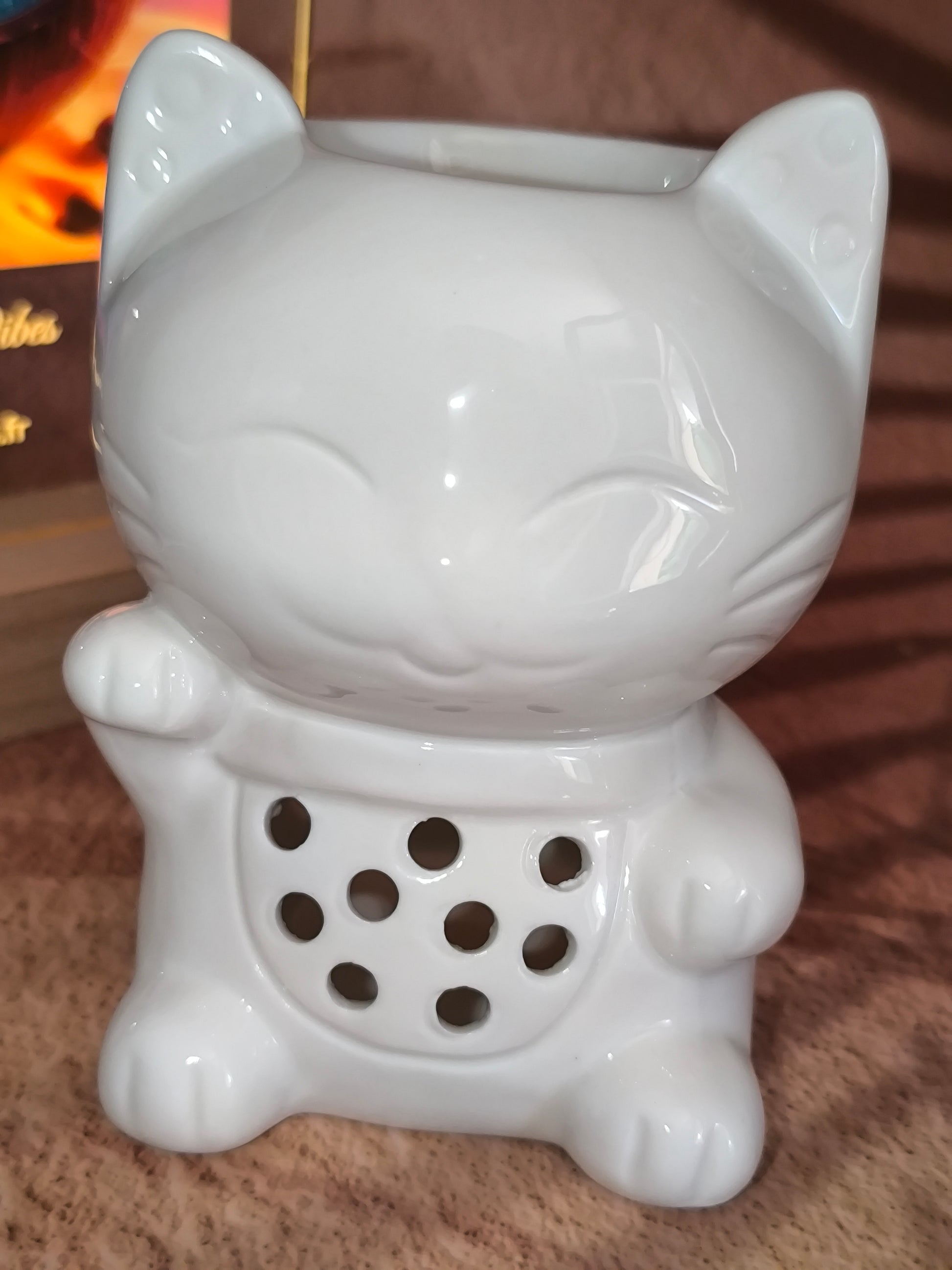 Brûleur en Céramique Blanc - Chat Porte-Bonheur