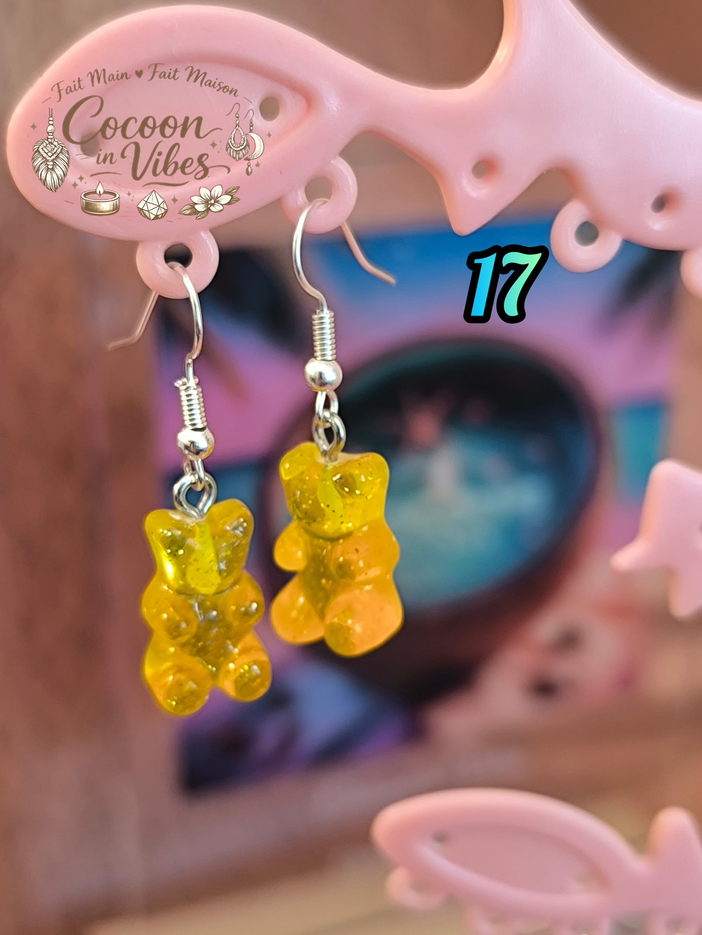 Boucles d’oreilles Nounours n°17 Fait Main – Jaune & Orange (Translucides & Pailletées)