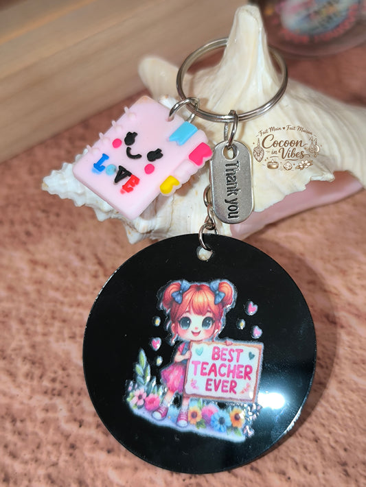 Porte-clé “Chère Maîtresse – Best Teacher Ever & Petit Carnet” – Modèle unique fait main