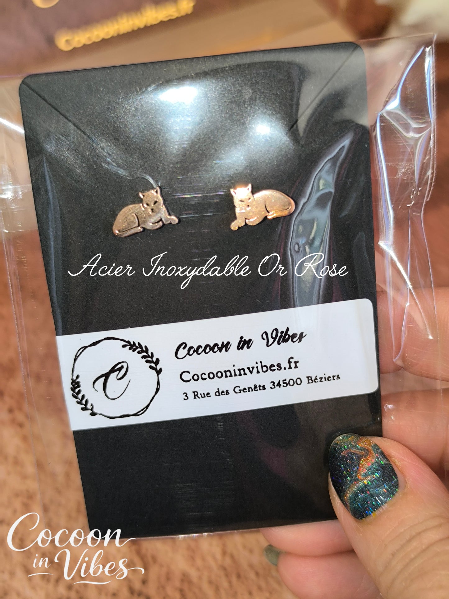 Clous d’oreilles chat Minou – Acier Inoxydable Or Rose