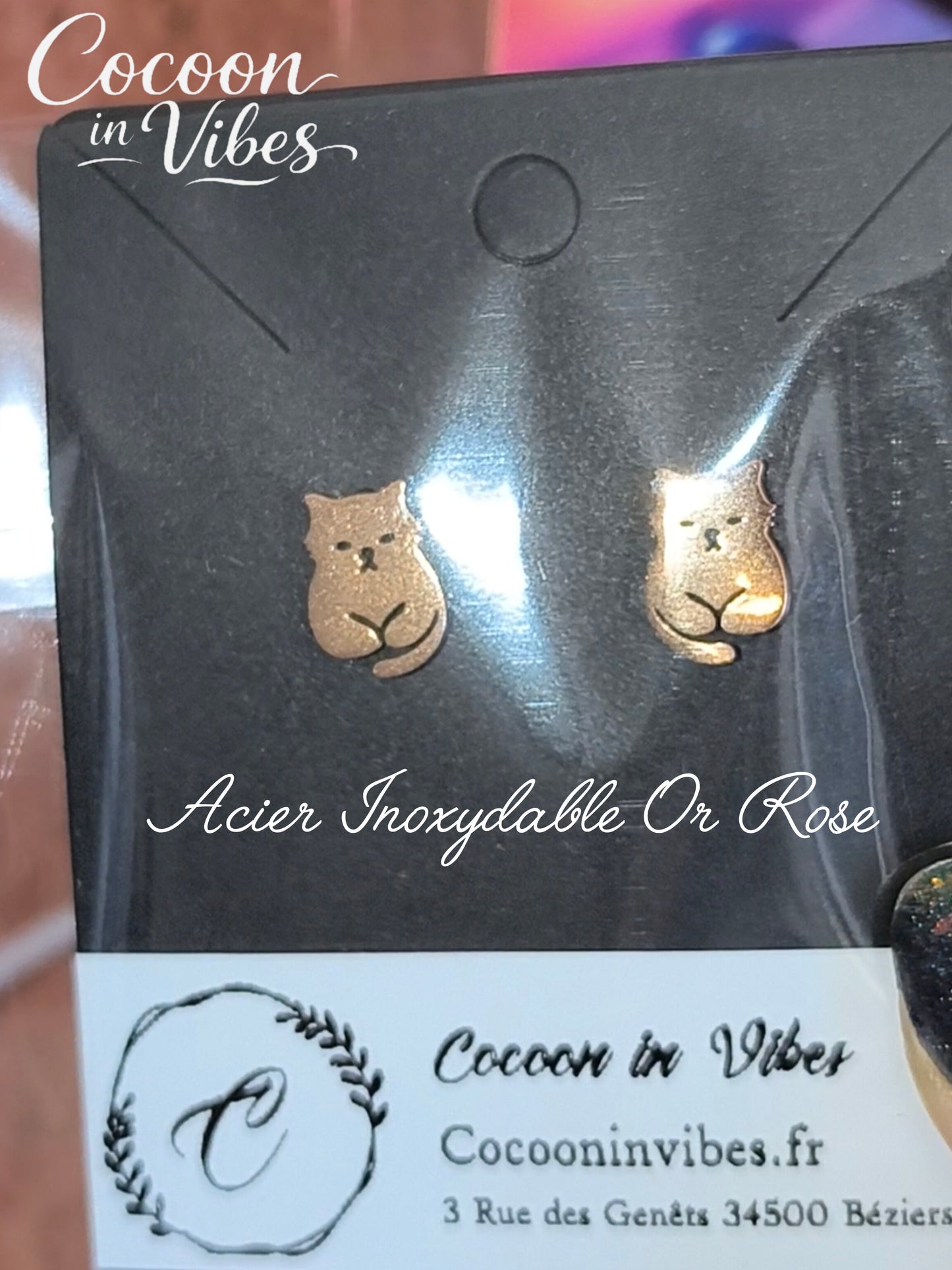 Clous d’oreilles chat Pepere – Acier Inoxydable Or Rose