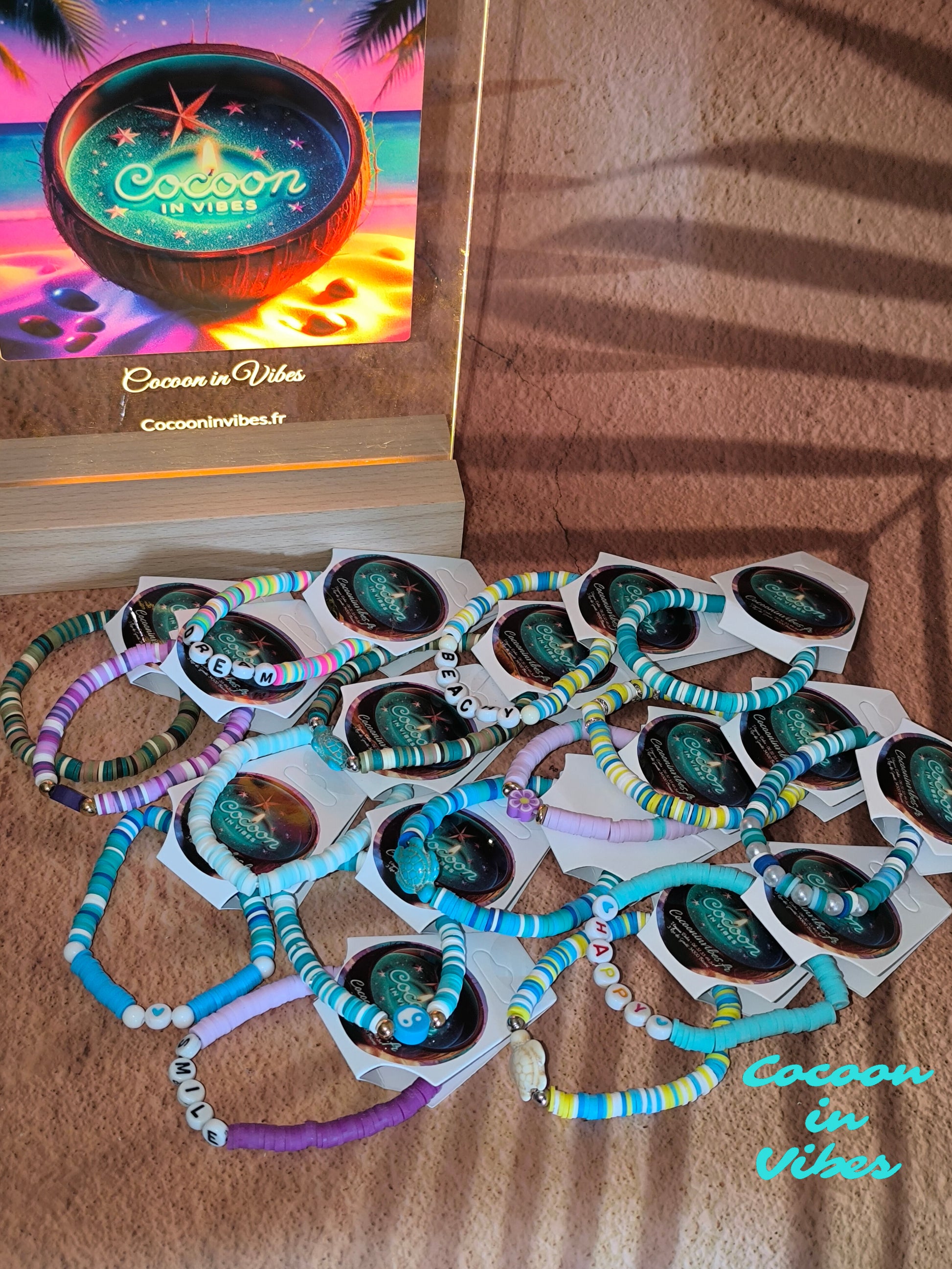 Bracelets Good Vibes en perles plates en pâte polymere - Sous les cocotiers... un monde de couleurs vous attend !