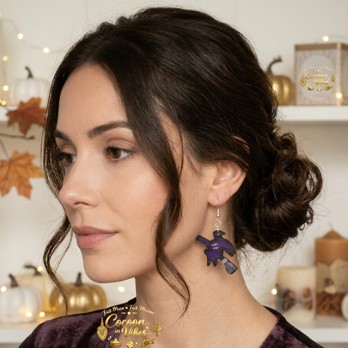 Boucles d'oreilles Artisanales en Bois « Sorcière Envoûtante » - Collection Éphémère Halloween